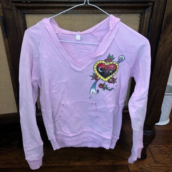 NWOT distressed pink hoodie biker heart with wings - Picture 1 of 3
